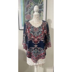 Ruby Rd Navy Blue Medallion Print Kimono Sleeve Chiffon Layered Top Size M